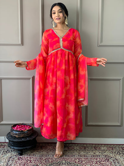 Women Anarkali Printed Kurta Pent Set with Dupatta Dropshipera