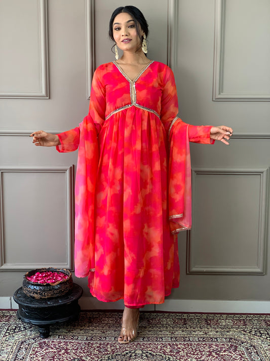 Women Anarkali Printed Kurta Pent Set with Dupatta Dropshipera