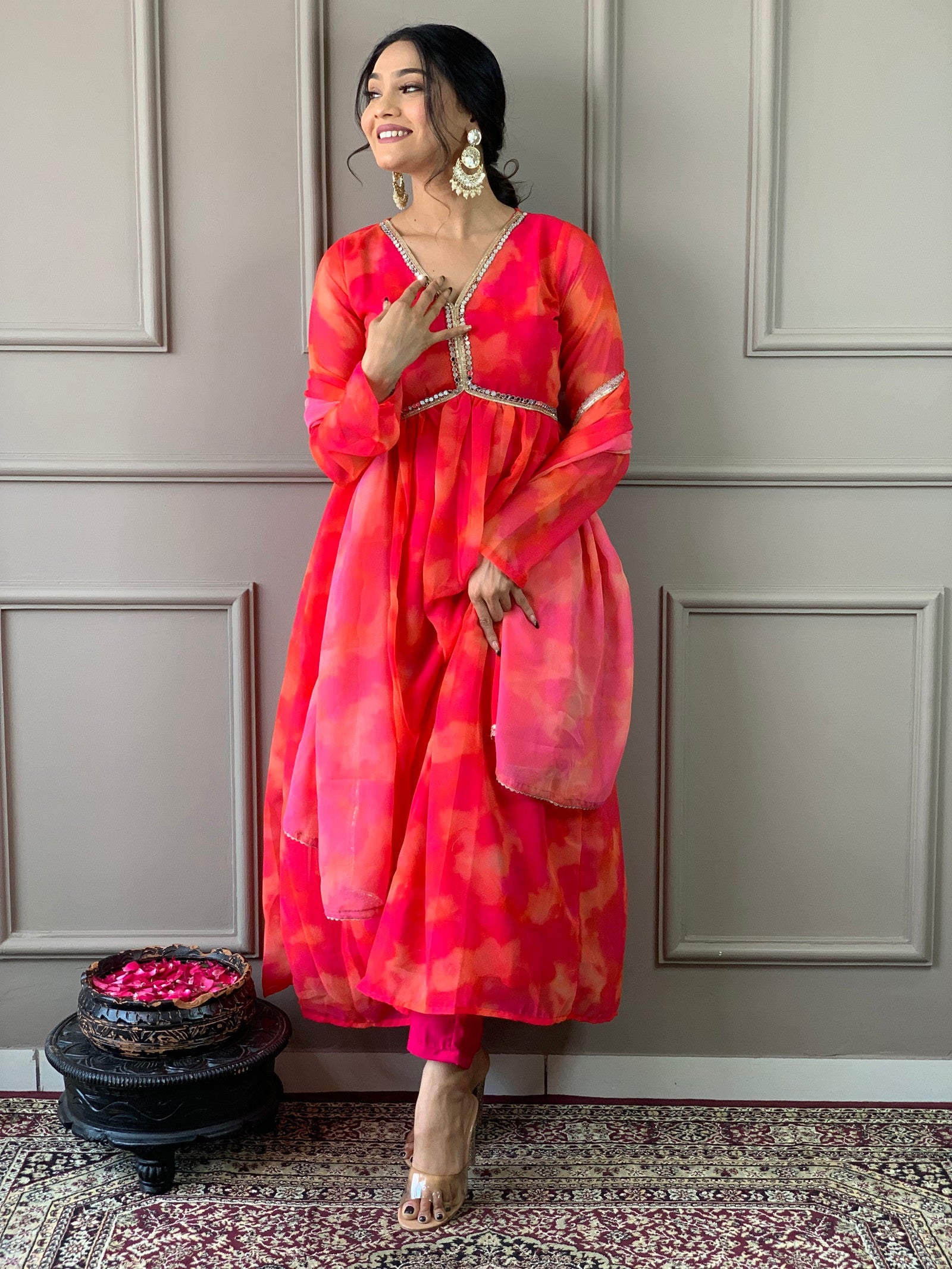 Women Anarkali Printed Kurta Pent Set with Dupatta Dropshipera
