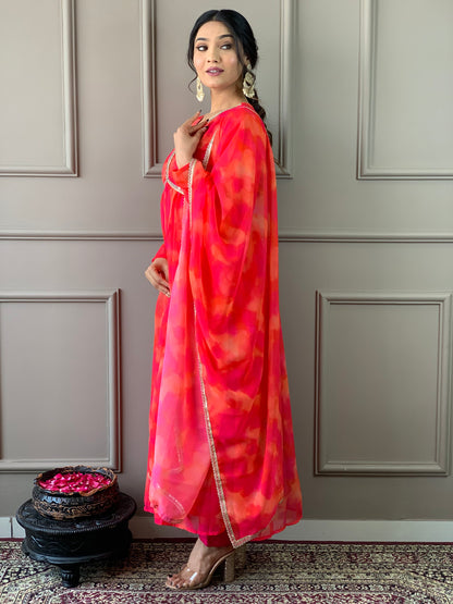Women Anarkali Printed Kurta Pent Set with Dupatta Dropshipera