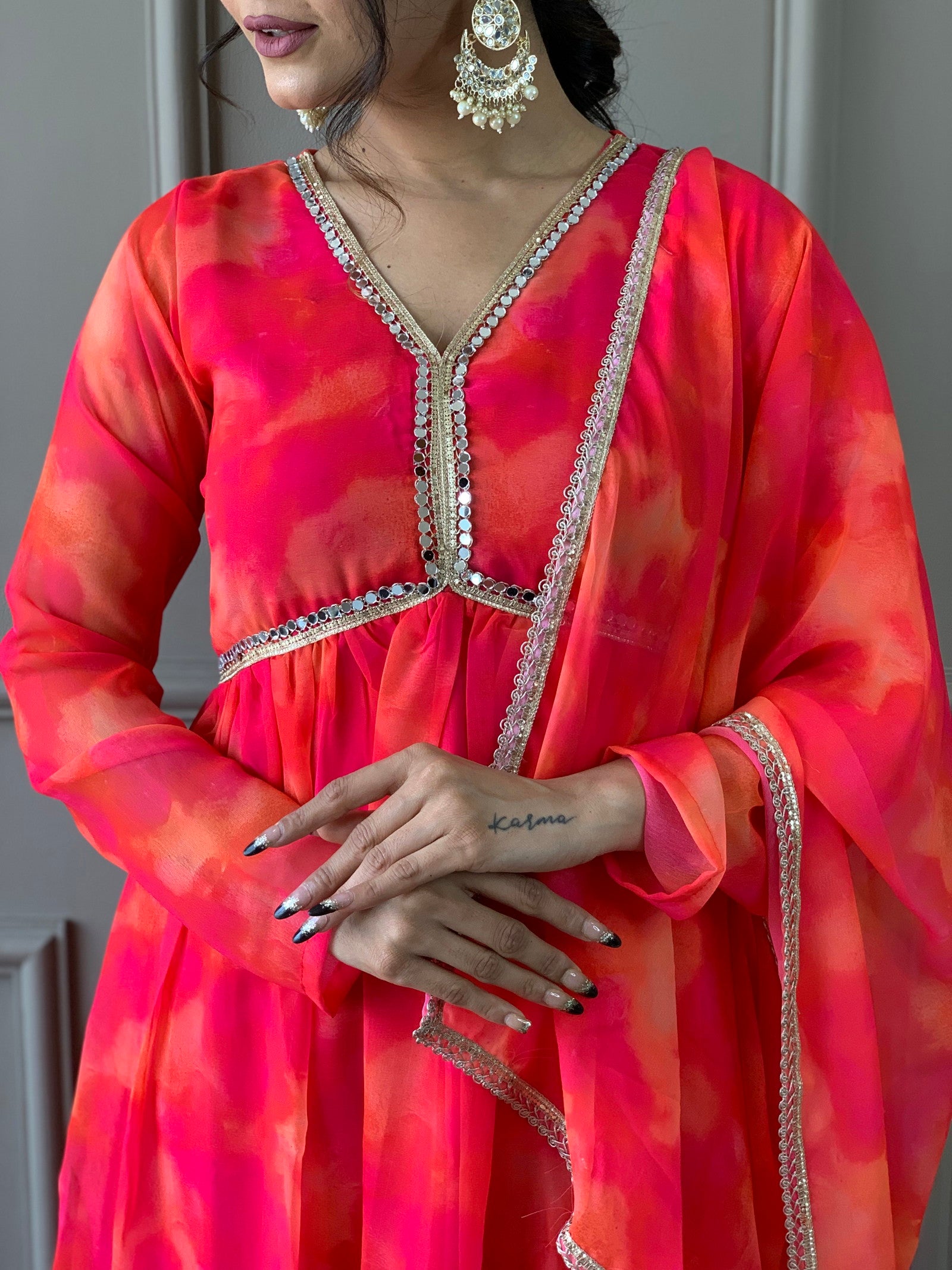 Women Anarkali Printed Kurta Pent Set with Dupatta Dropshipera
