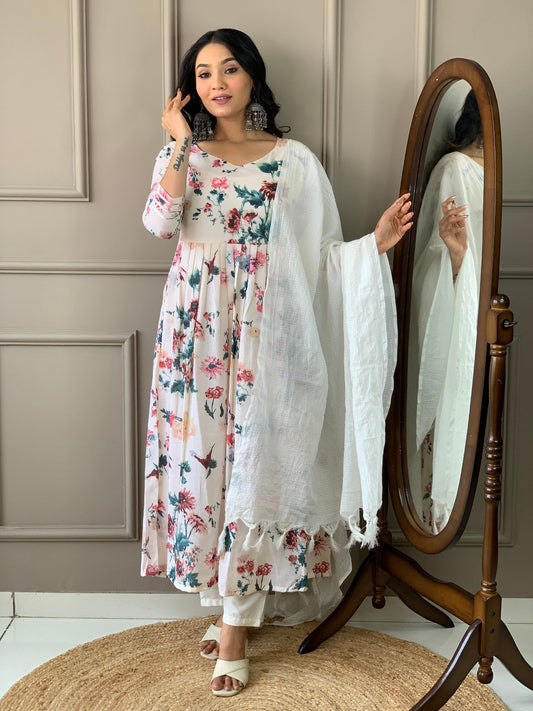 Floral Design Off White Kurta Set with Bottom and Dupatta Dropshipera