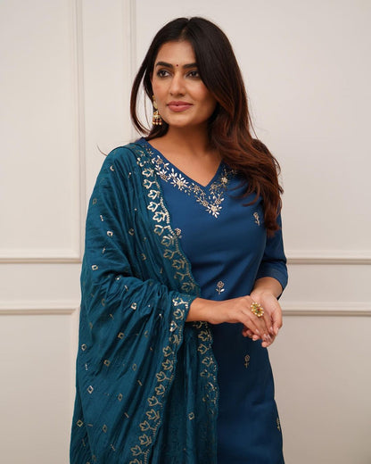 Designer Kurta set with Knee Bottom Pant And Heavy Work On Dupatta Dropshipera