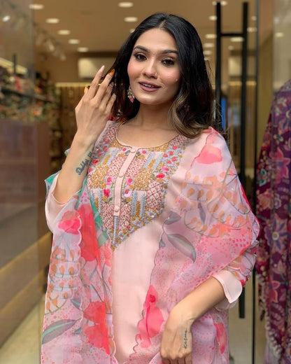 Peach Heavy Kurta Set With Organza Dupatta Dropshipera