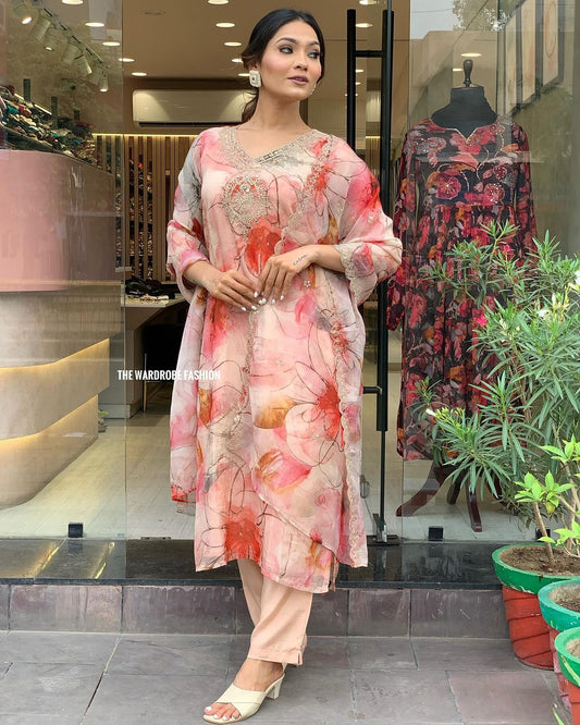 Women's Natural Crepe Kurti Pant With Organza Dupatta Dropshipera