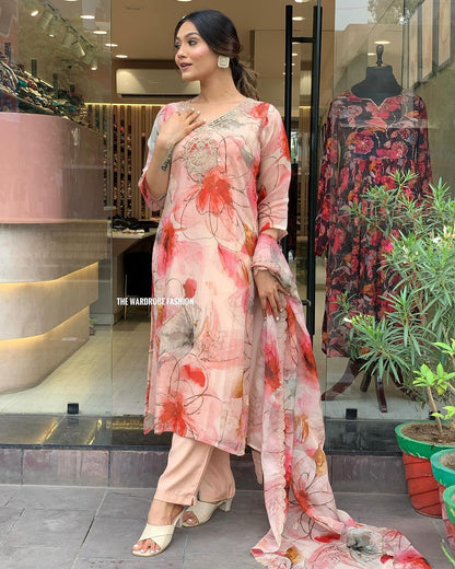 Women's Natural Crepe Kurti Pant With Organza Dupatta Dropshipera
