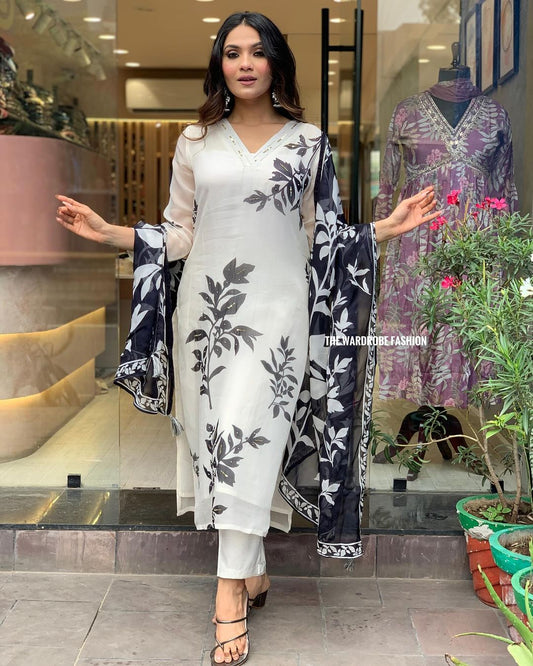 Floral Design Off White Kurta Set with Bottom and Dupatta Dropshipera