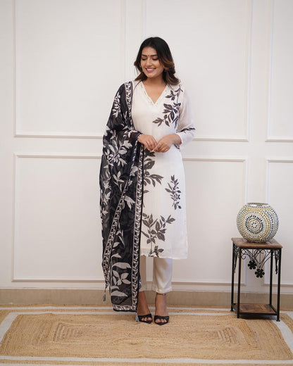 Floral Design Off White Kurta Set with Bottom and Dupatta Dropshipera