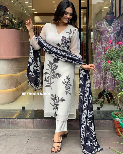 Floral Design Off White Kurta Set with Bottom and Dupatta Dropshipera