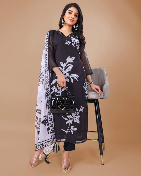 Floral Design Black Kurta Set with Bottom and Dupatta Dropshipera