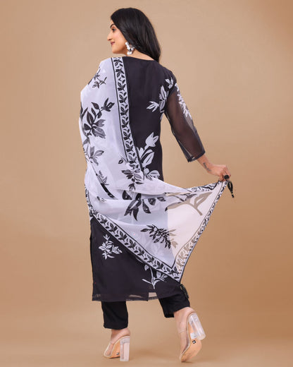 Floral Design Black Kurta Set with Bottom and Dupatta Dropshipera