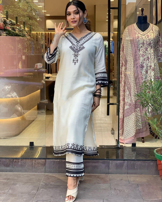 Designer Off White Beautiful Suit With Work On Neck Dropshipera