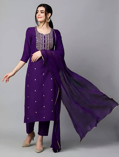 Women Embroidery Rayon Slub Kurta Set Dropshipera