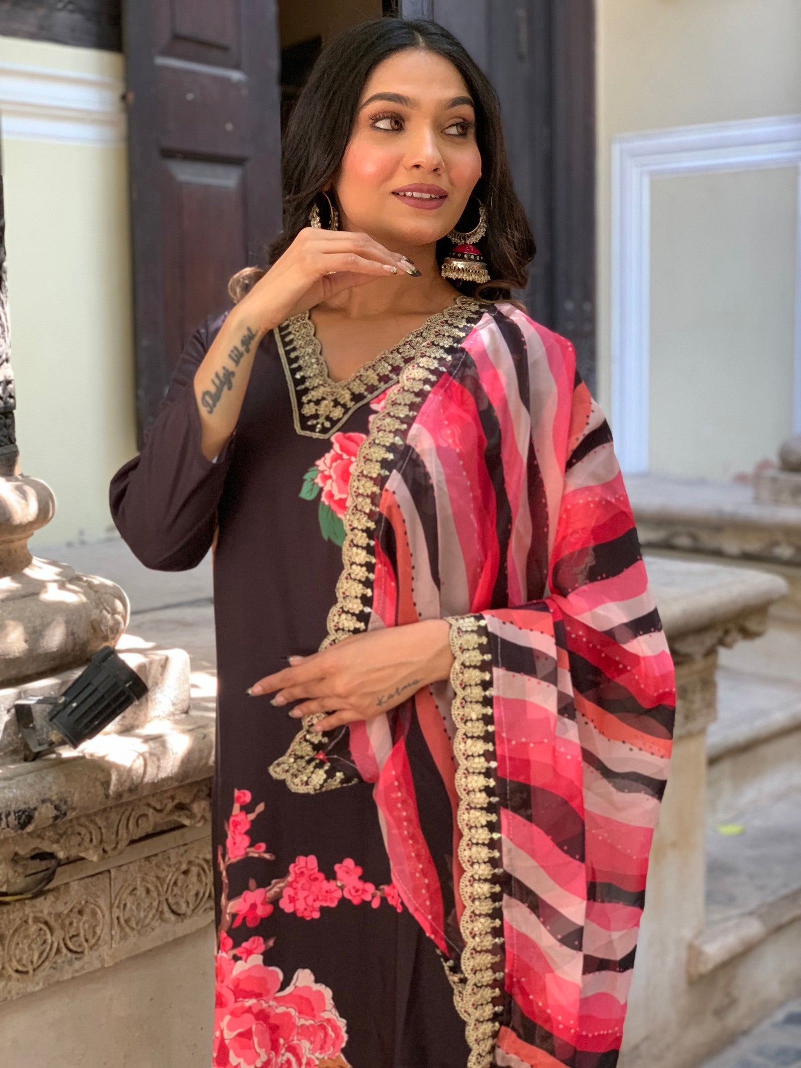 Designer  Floral Kurta Set with Bottom and Dupatta Dropshipera