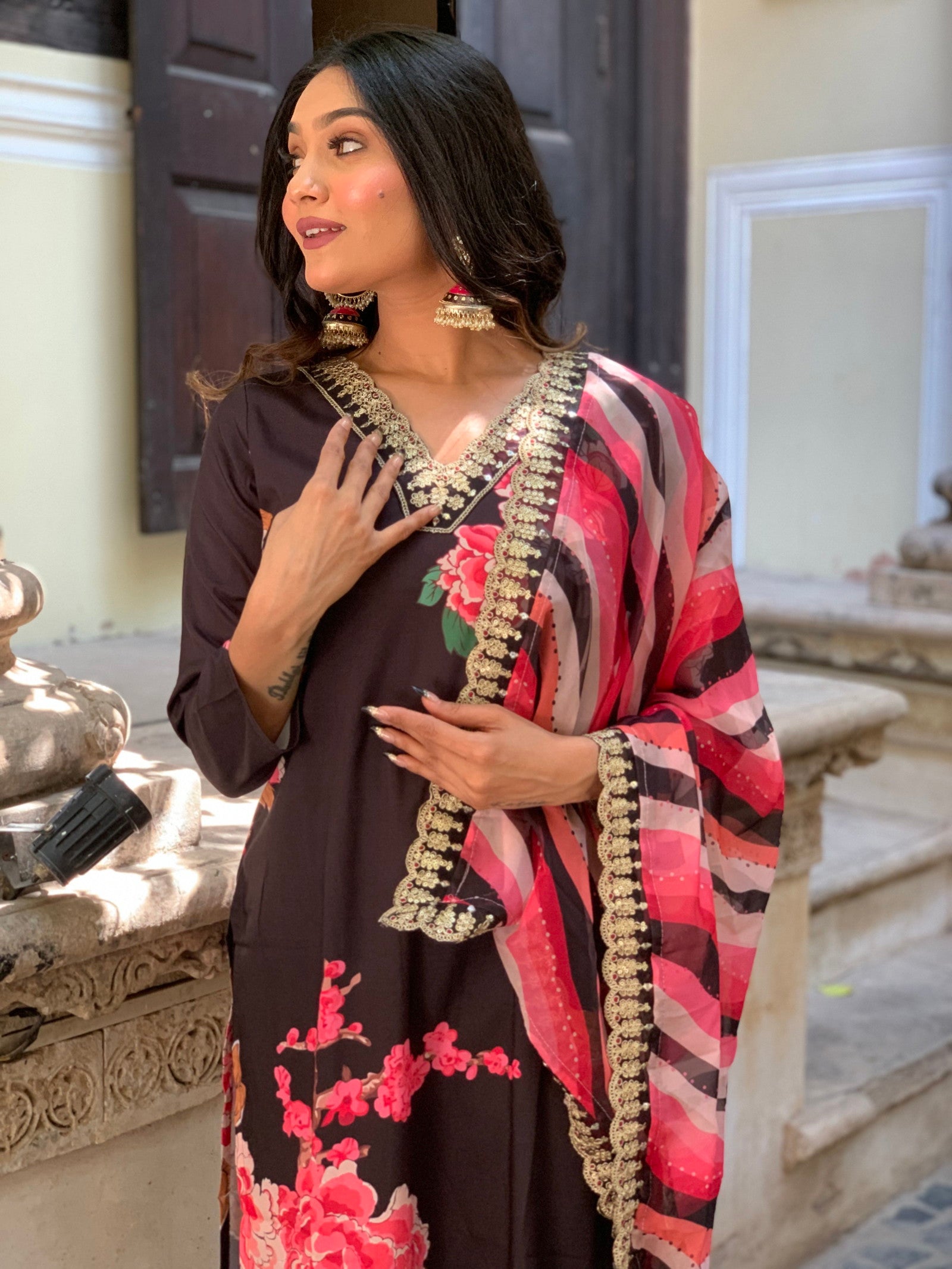 Designer  Floral Kurta Set with Bottom and Dupatta Dropshipera
