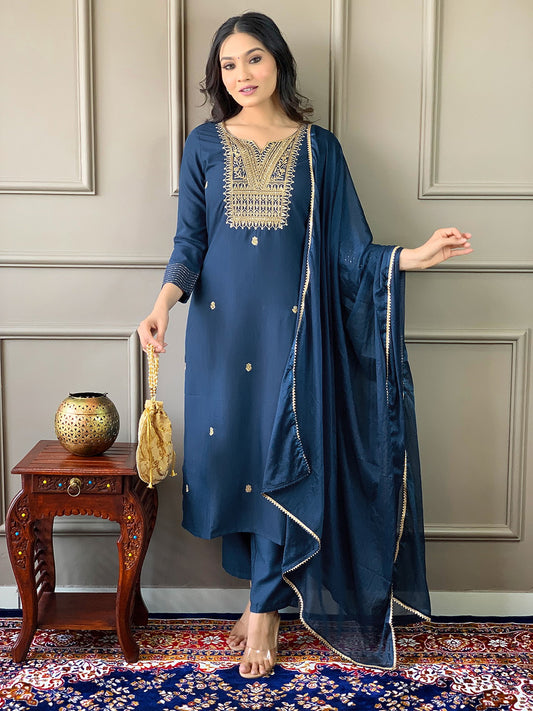 Women Embroidered Rayon Slub Straight Kurta With Pant Dupatta Set Dropshipera