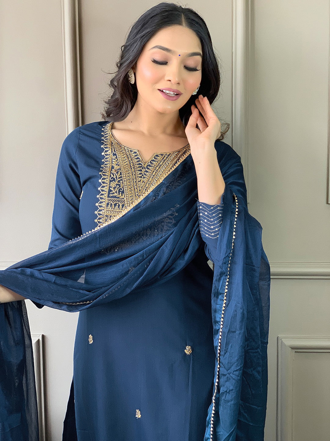 Women Embroidered Rayon Slub Straight Kurta With Pant Dupatta Set Dropshipera