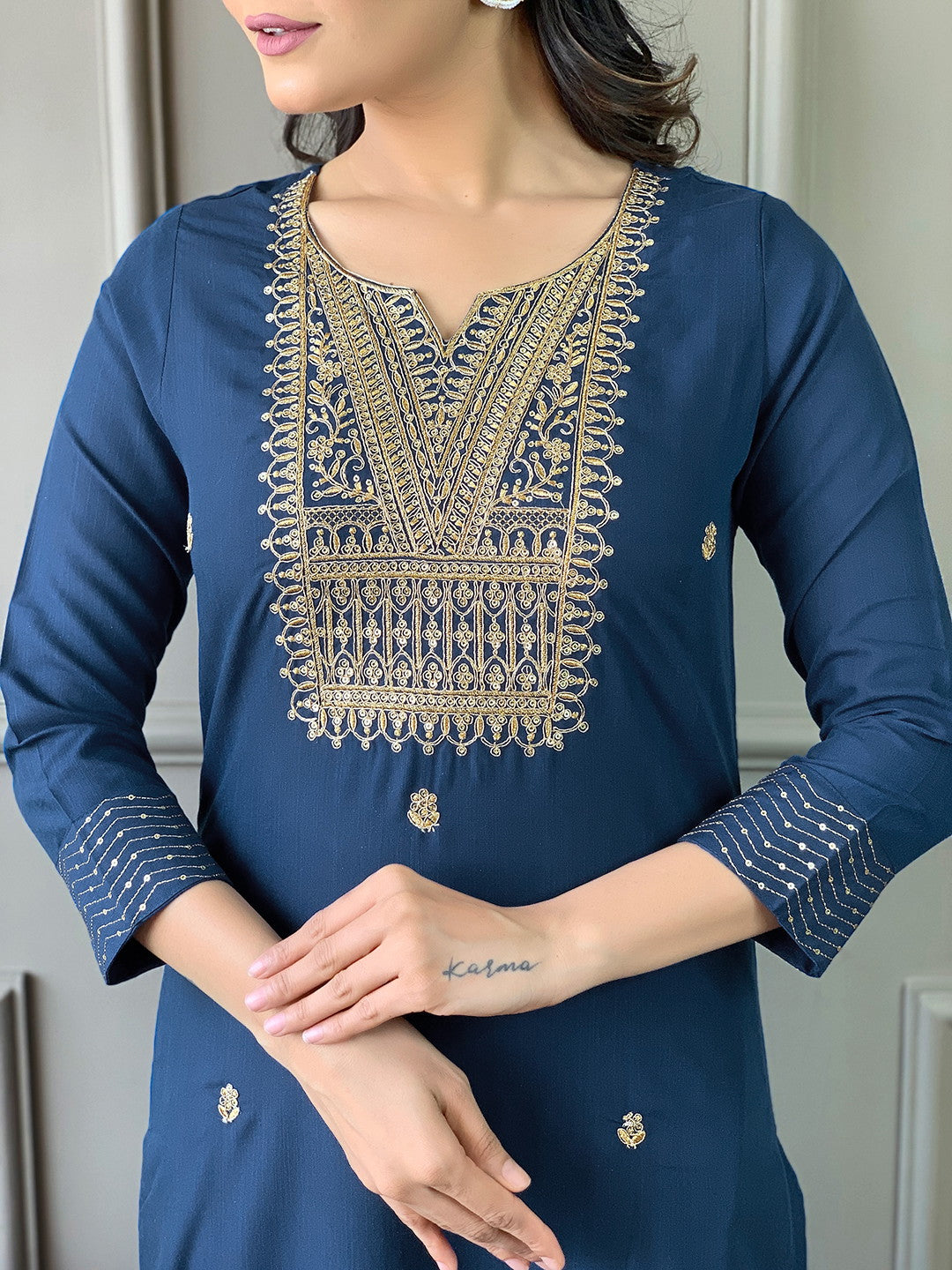 Women Embroidered Rayon Slub Straight Kurta With Pant Dupatta Set Dropshipera