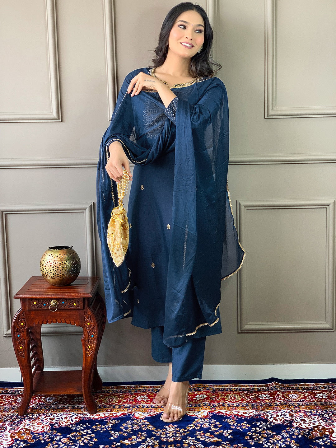 Women Embroidered Rayon Slub Straight Kurta With Pant Dupatta Set Dropshipera