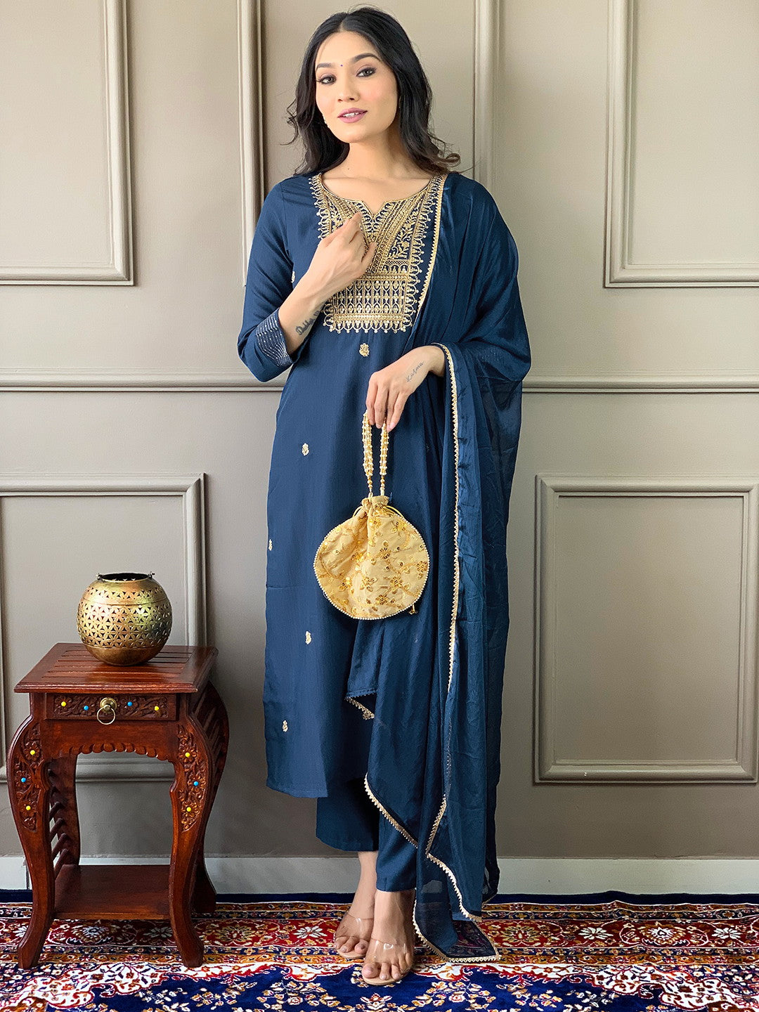 Women Embroidered Rayon Slub Straight Kurta With Pant Dupatta Set Dropshipera