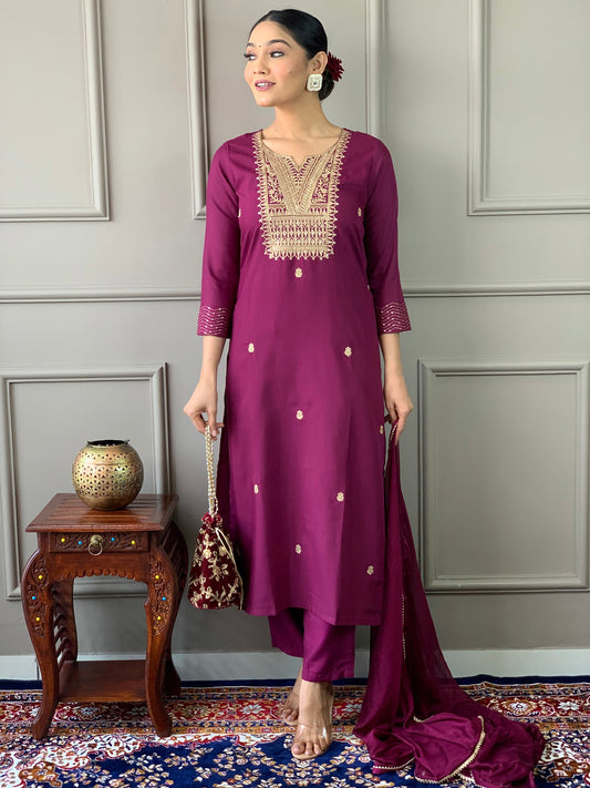 Women Embroidered Rayon Slub Straight Kurta With Pant Dupatta Set Dropshipera