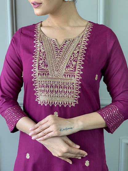 Women Embroidered Rayon Slub Straight Kurta With Pant Dupatta Set Dropshipera
