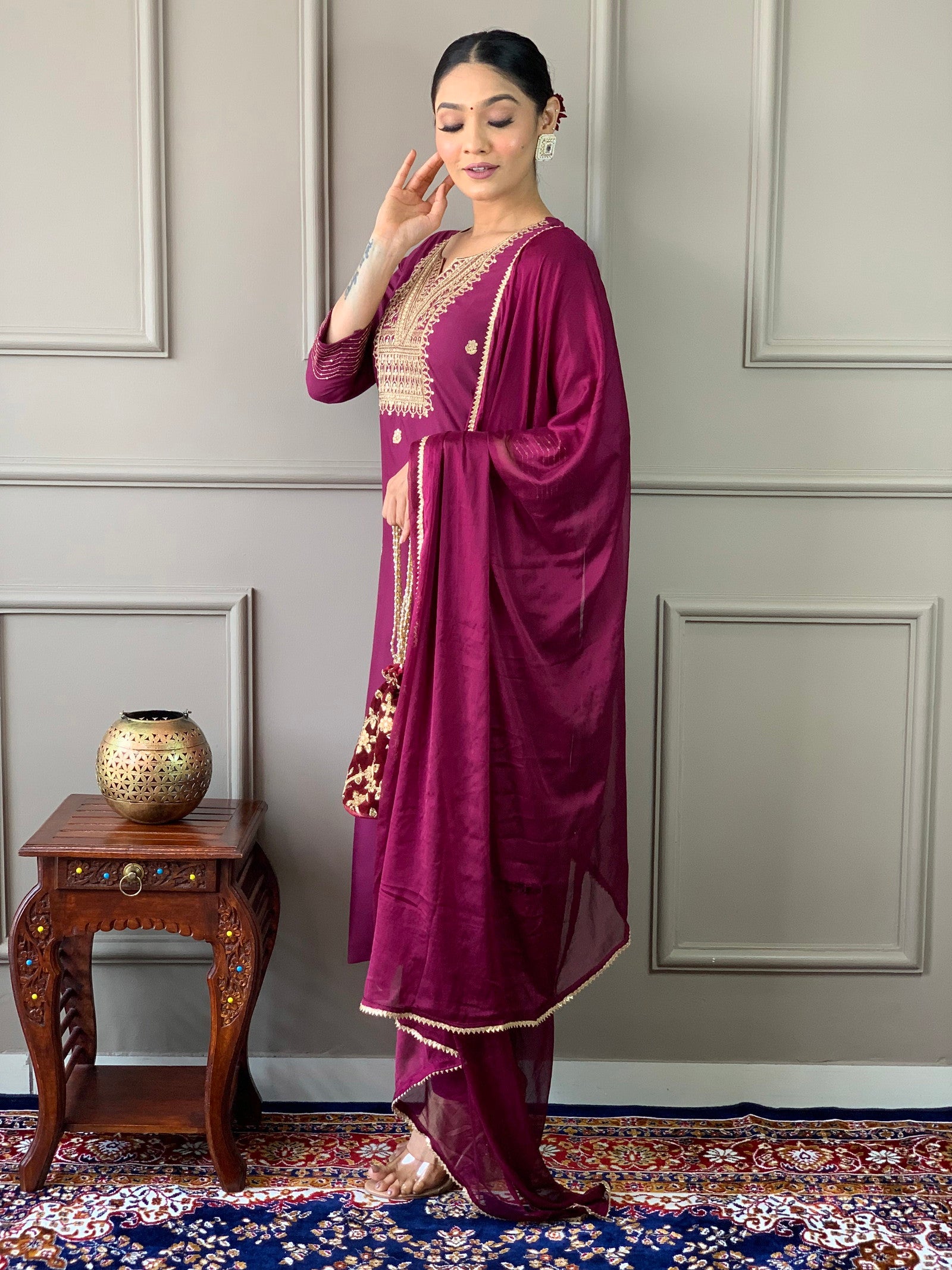 Women Embroidered Rayon Slub Straight Kurta With Pant Dupatta Set Dropshipera