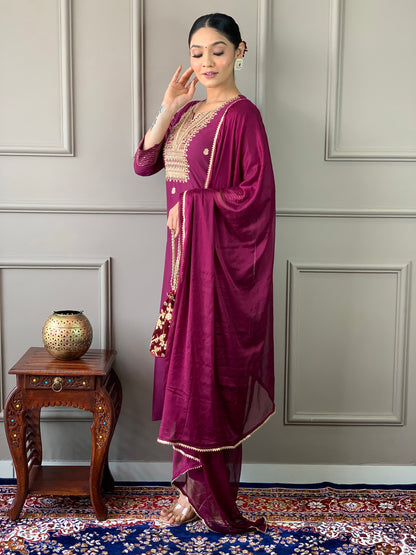 Women Embroidered Rayon Slub Straight Kurta With Pant Dupatta Set Dropshipera