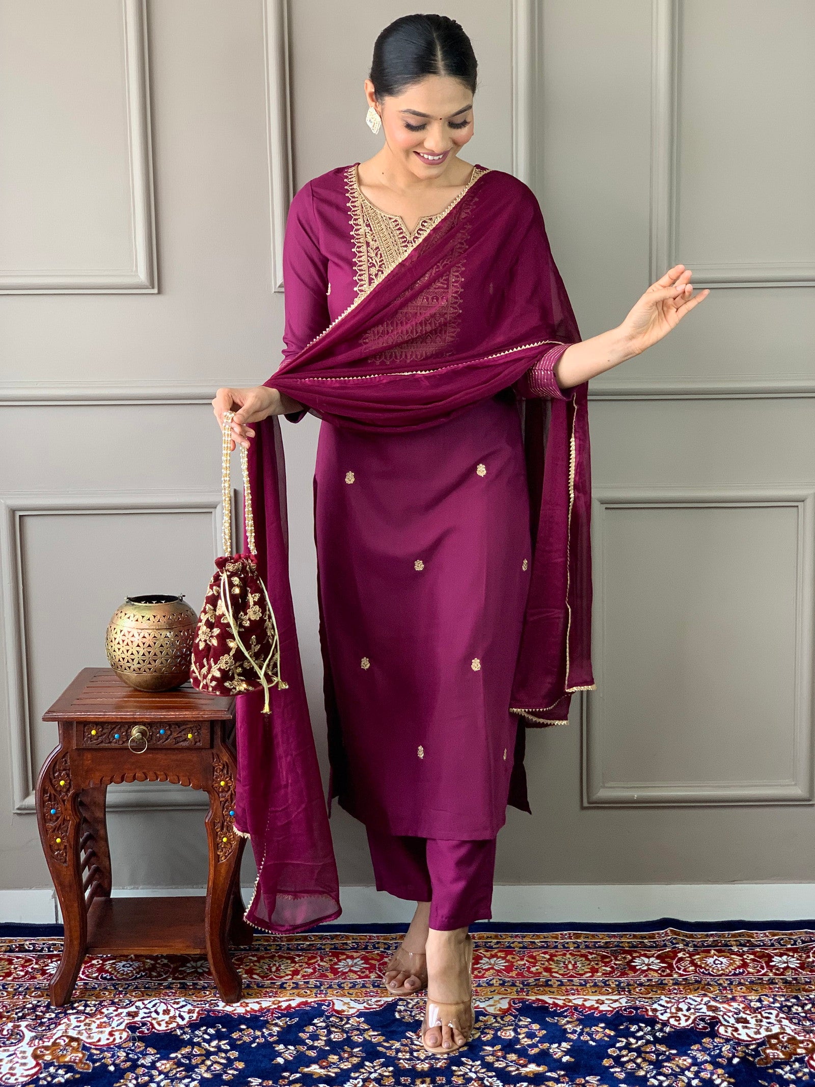 Women Embroidered Rayon Slub Straight Kurta With Pant Dupatta Set Dropshipera