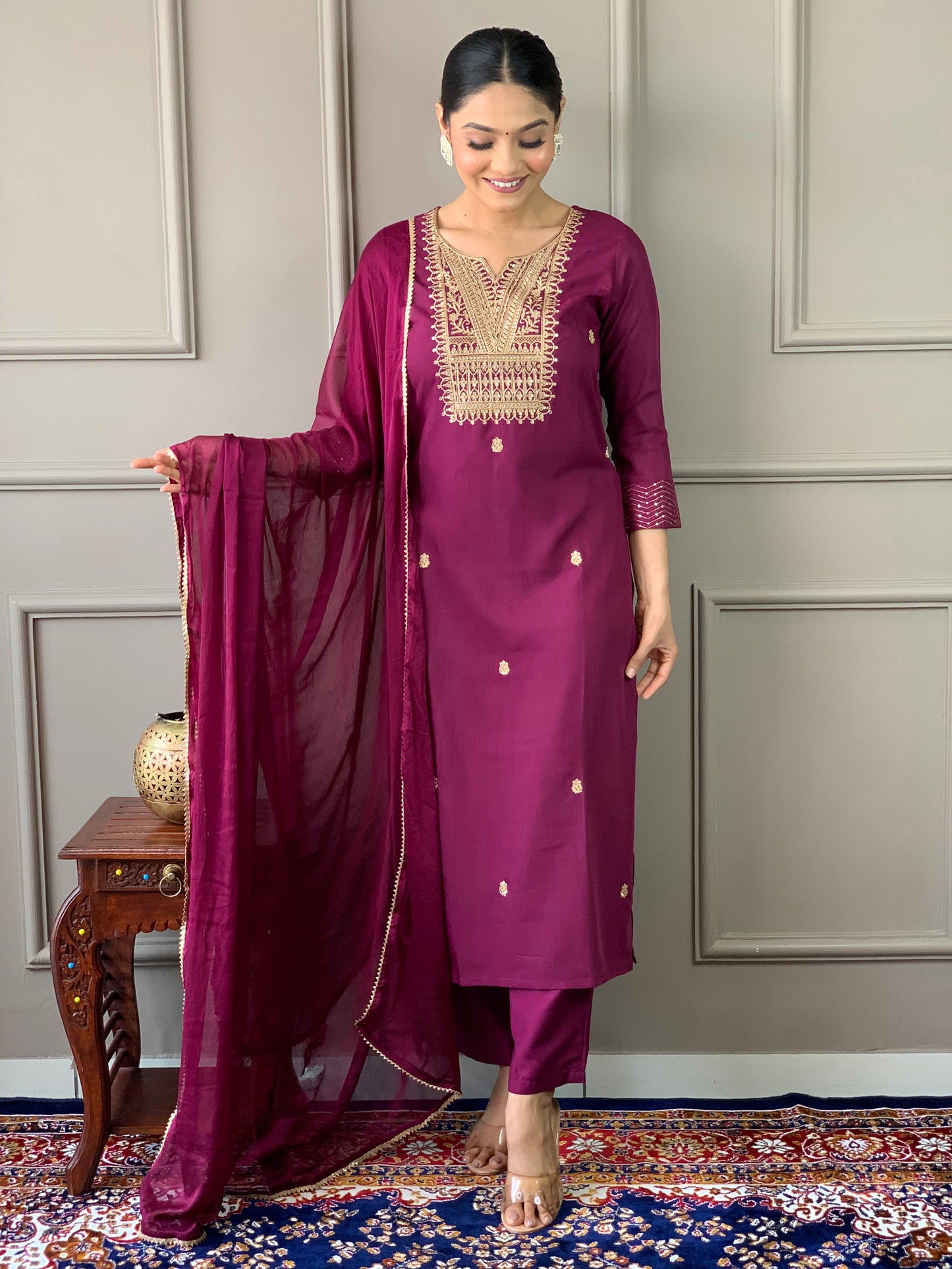 Women Embroidered Rayon Slub Straight Kurta With Pant Dupatta Set Dropshipera