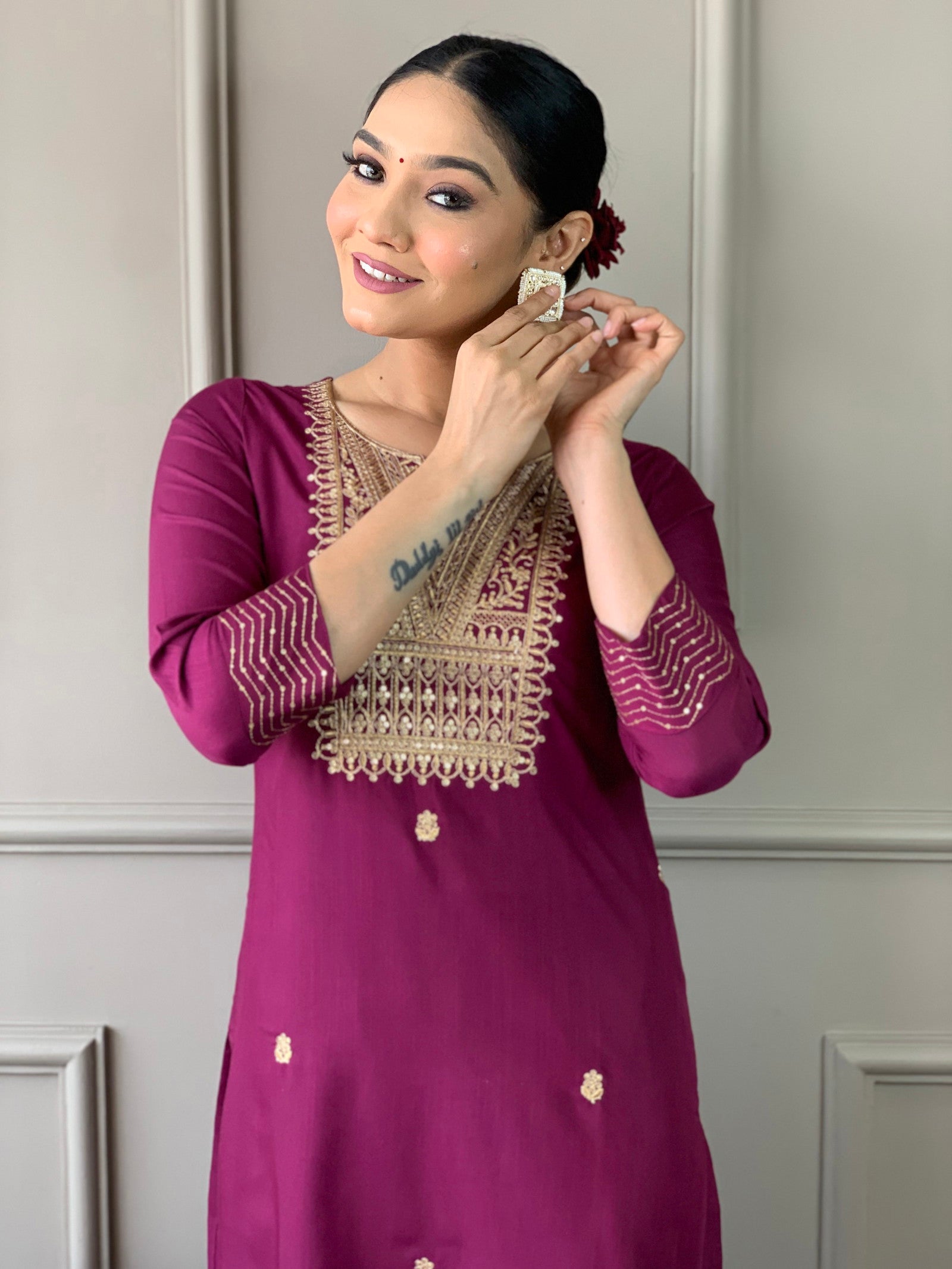 Women Embroidered Rayon Slub Straight Kurta With Pant Dupatta Set Dropshipera