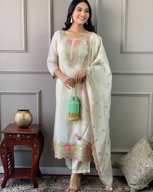 Women Embroidered Pure Viscose Chanderi kurta set Dropshipera