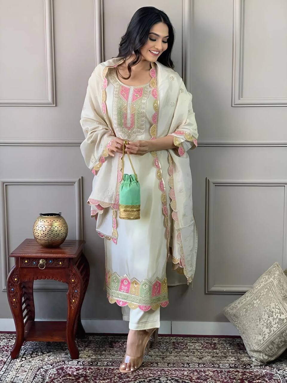 Women Embroidered Pure Viscose Chanderi kurta set Dropshipera