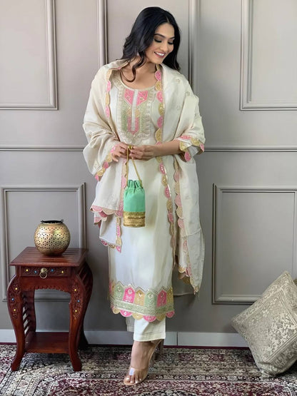 Women Embroidered Pure Viscose Chanderi kurta set Dropshipera
