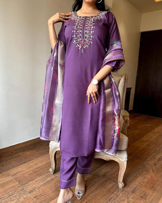 Catalog Design Kurta Set With Embroidery Chanderi Work Dropshipera