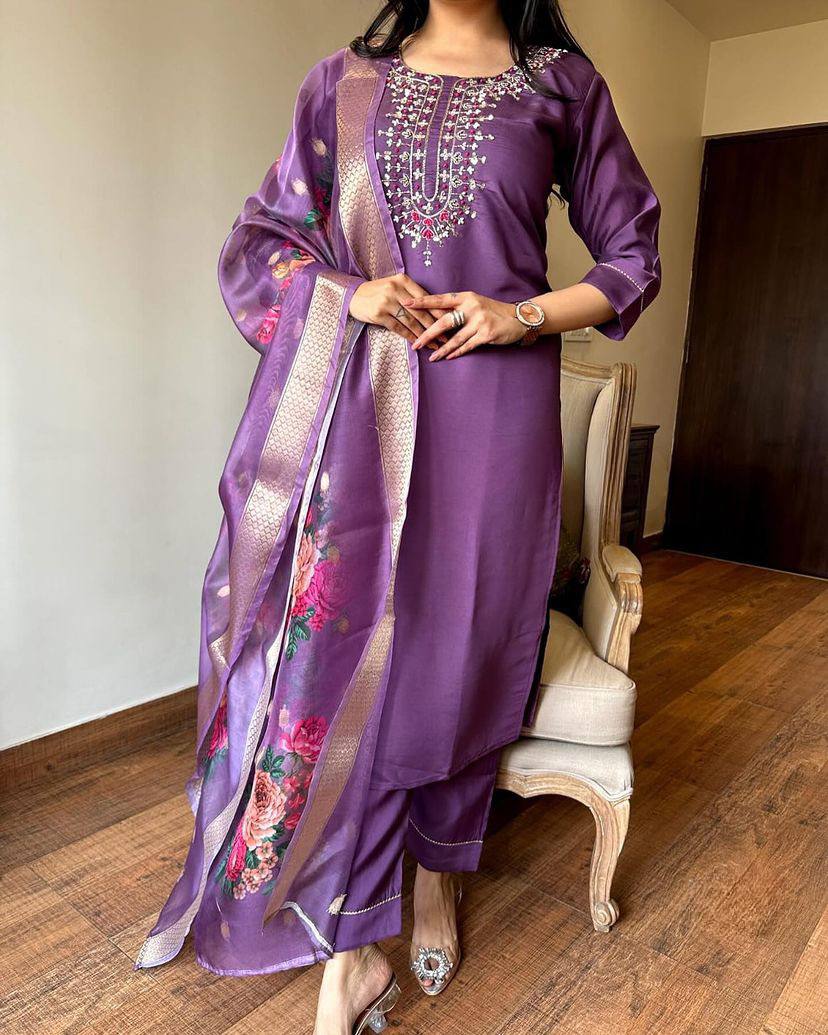 Catalog Design Kurta Set With Embroidery Chanderi Work Dropshipera