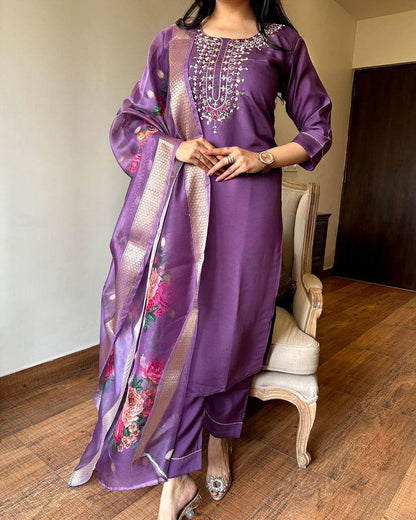 Catalog Design Kurta Set With Embroidery Chanderi Work Dropshipera