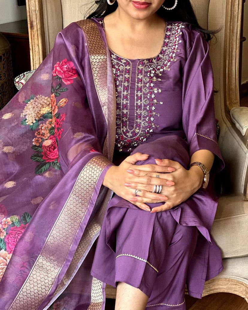 Catalog Design Kurta Set With Embroidery Chanderi Work Dropshipera