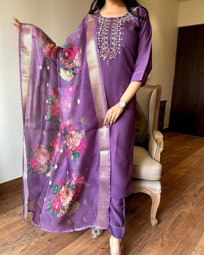 Catalog Design Kurta Set With Embroidery Chanderi Work Dropshipera