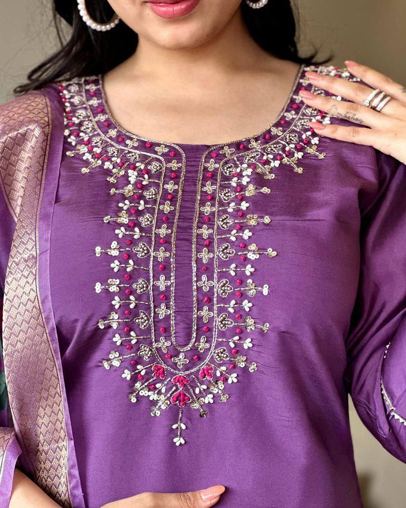 Catalog Design Kurta Set With Embroidery Chanderi Work Dropshipera