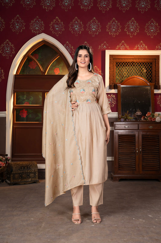 Women's Viscous Rayon Flared Kurta With Pant And Cut Work Dupatta Dropshipera