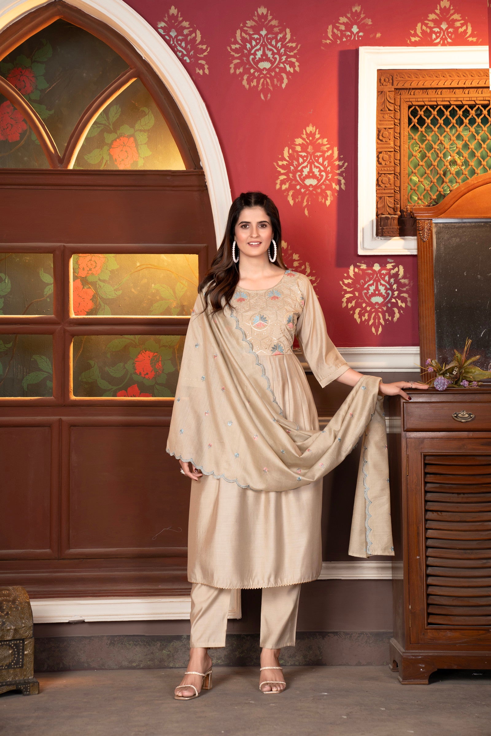 Women's Viscous Rayon Flared Kurta With Pant And Cut Work Dupatta Dropshipera