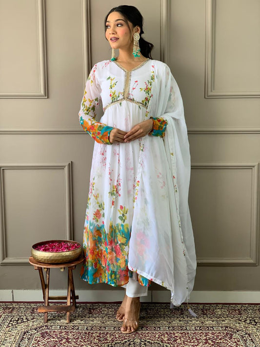 Alia Designe Floral Kurta set with Knee Bottom Pant and Border Dupatta Dropshipera