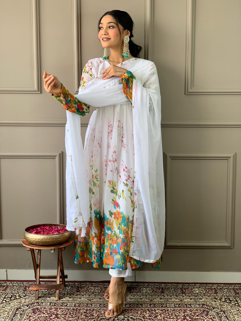 Alia Designe Floral Kurta set with Knee Bottom Pant and Border Dupatta Dropshipera