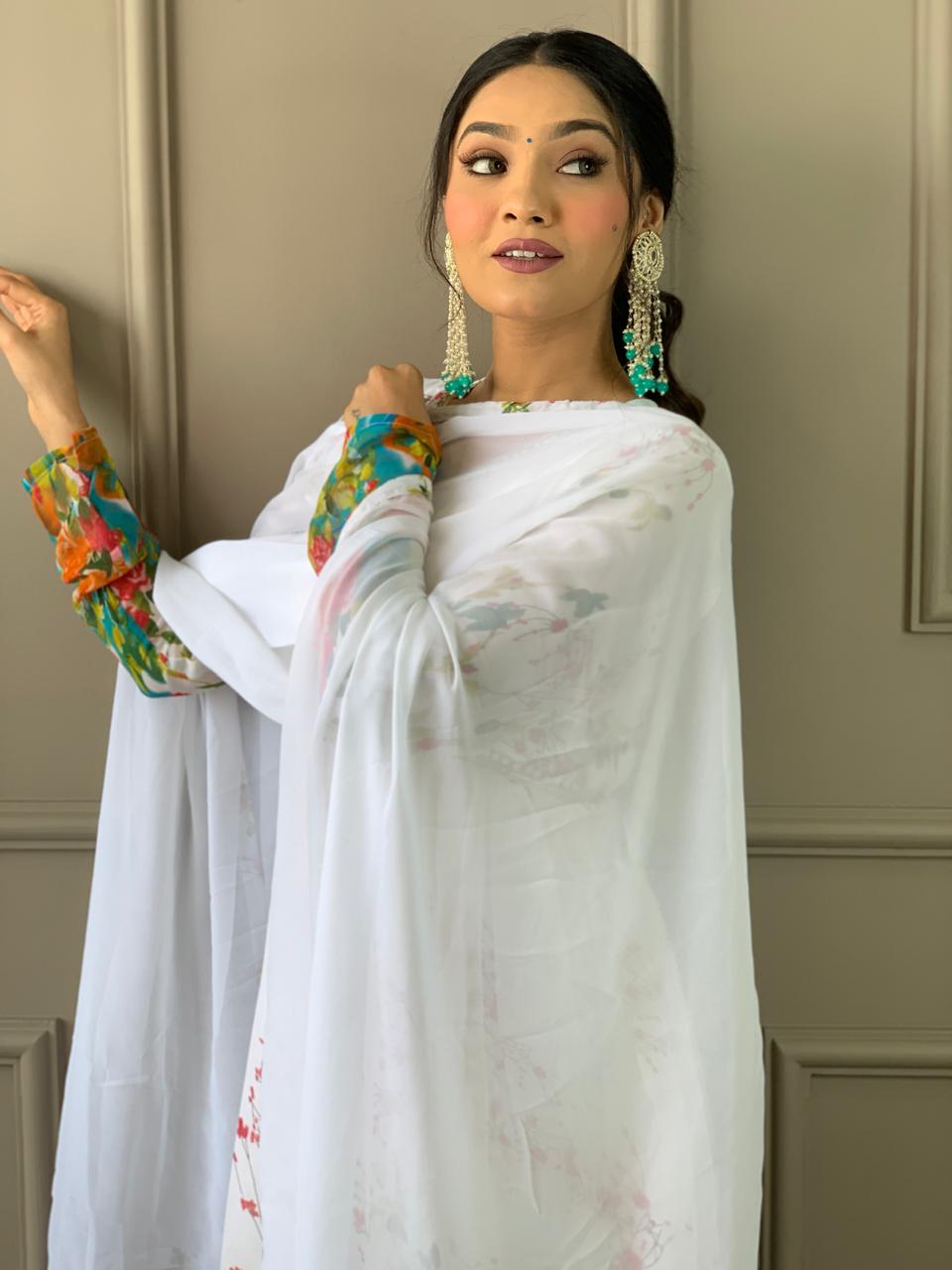 Alia Designe Floral Kurta set with Knee Bottom Pant and Border Dupatta Dropshipera