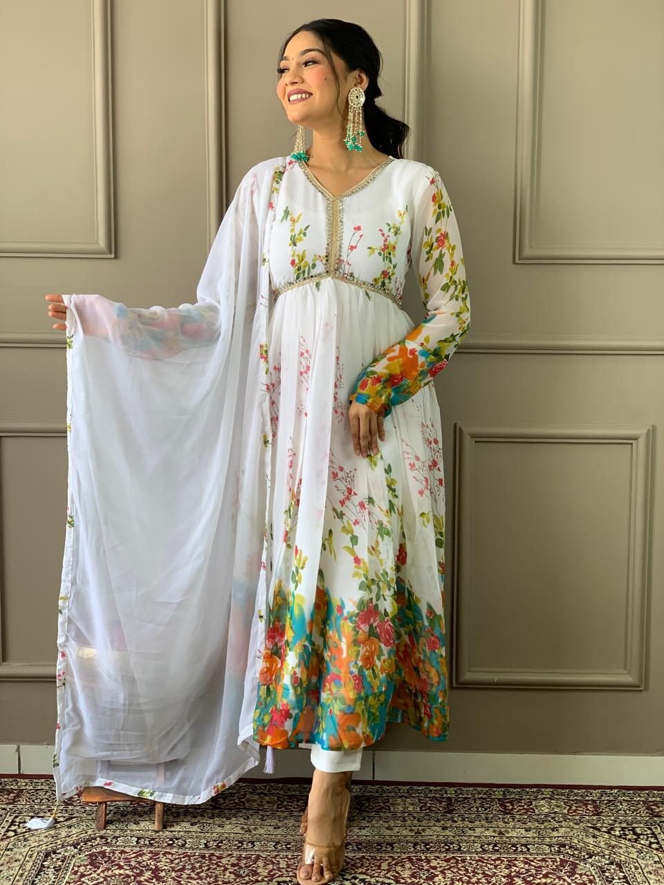 Alia Designe Floral Kurta set with Knee Bottom Pant and Border Dupatta Dropshipera