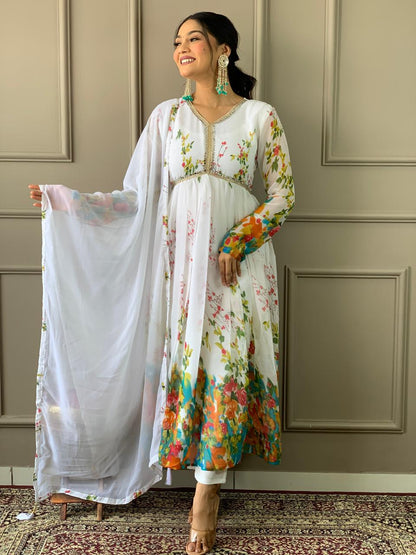 Alia Designe Floral Kurta set with Knee Bottom Pant and Border Dupatta Dropshipera