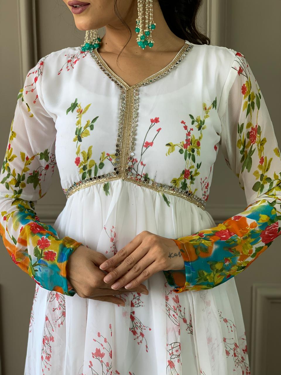 Alia Designe Floral Kurta set with Knee Bottom Pant and Border Dupatta Dropshipera