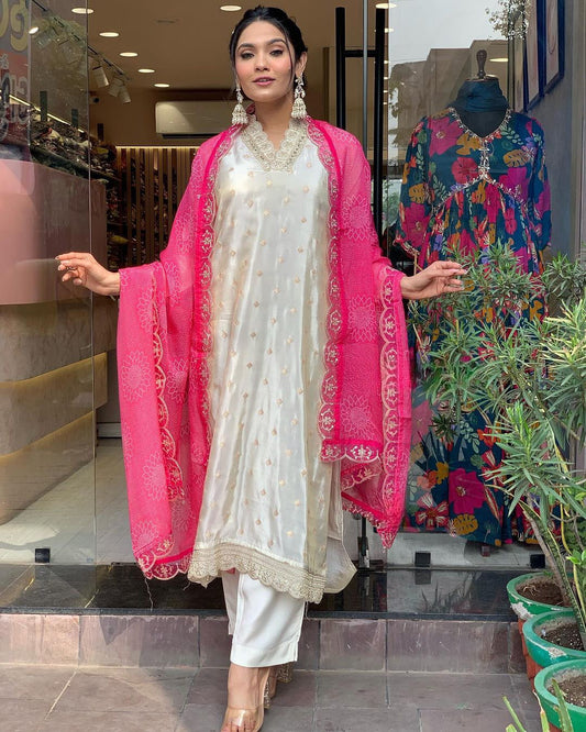 Designer Pure Viscose Jacquard Kurta With Pant And Heavy Dupatta Dropshipera