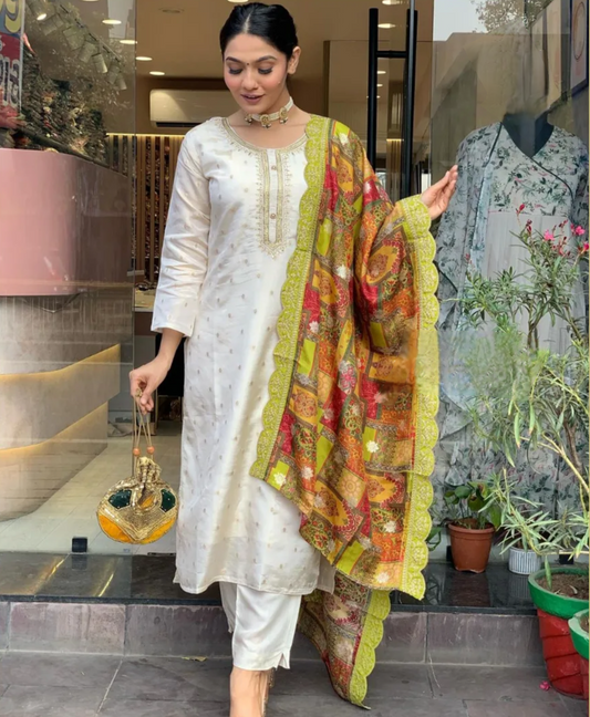 Designer Pure Viscose Jacquard Kurta With Pant And Heavy Dupatta Dropshipera